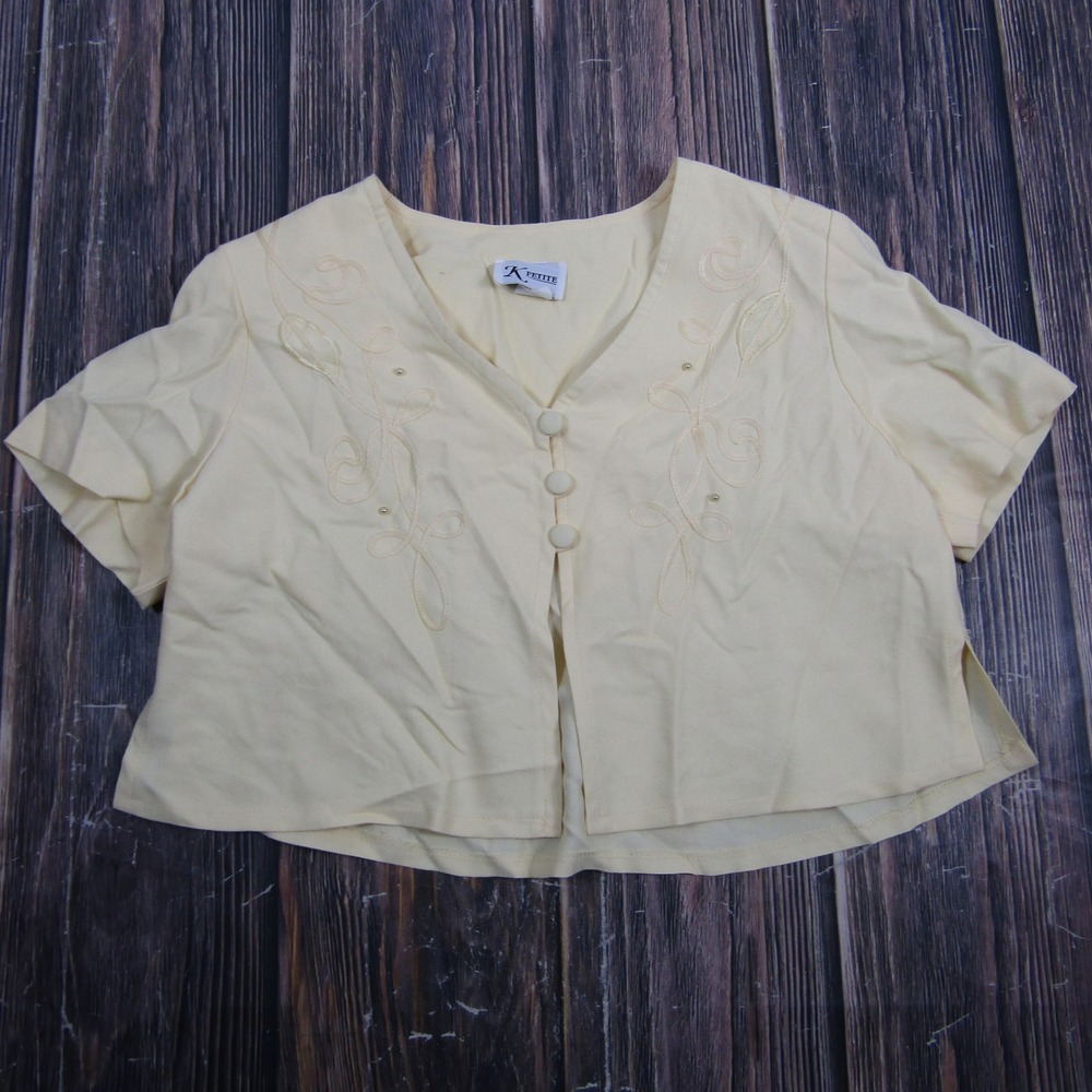 K Petite Cropped Jacket Women 10P Yellow Embroidered Beaded Short Sleeve Bolero